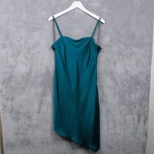 VTG Y2K‎ Satin Asymmetrical Midi Slip Dress Fairy Grunge Indie Teal Blue Sz L